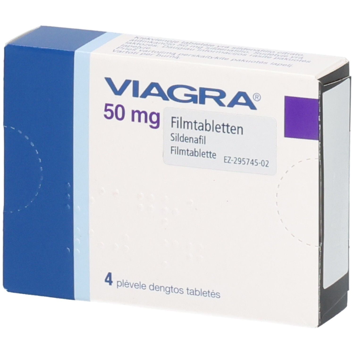 VIAGRA 50 mg Filmtabletten Schachtel, Vorderseite. Enthält 4 Filmtabletten Sildenafil.