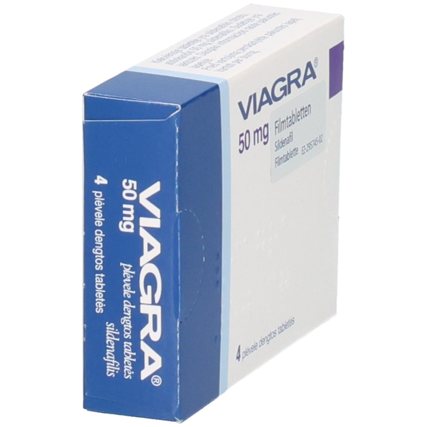 VIAGRA 50 mg Filmtabletten Schachtel, schräg von vorne links. Enthält 4 Filmtabletten Sildenafil.