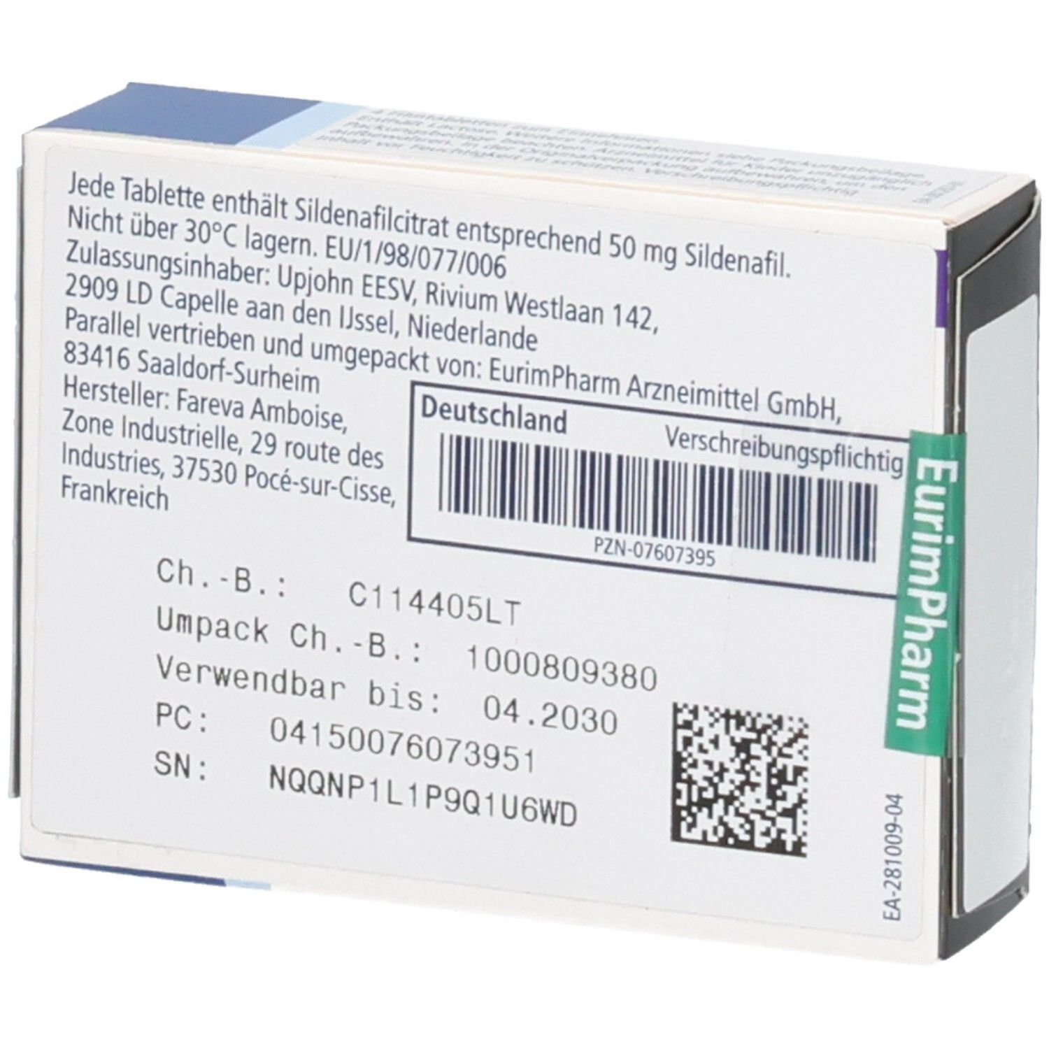 VIAGRA 50 mg Filmtabletten Schachtel, Rückseite mit Informationen zu Inhaltsstoffen und Hersteller.