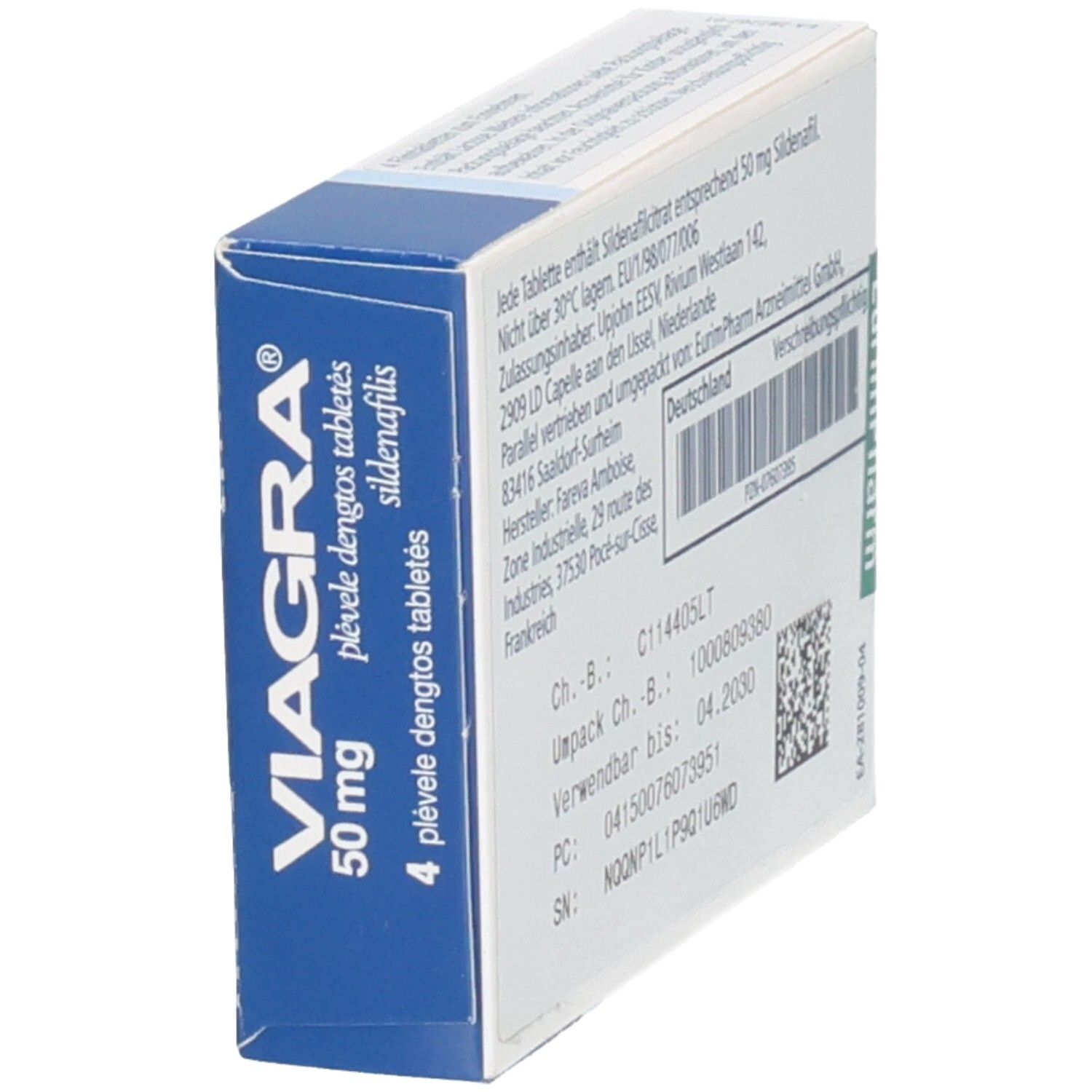 VIAGRA 50 mg Filmtabletten Schachtel, schräg von hinten links. Enthält 4 Filmtabletten Sildenafil.