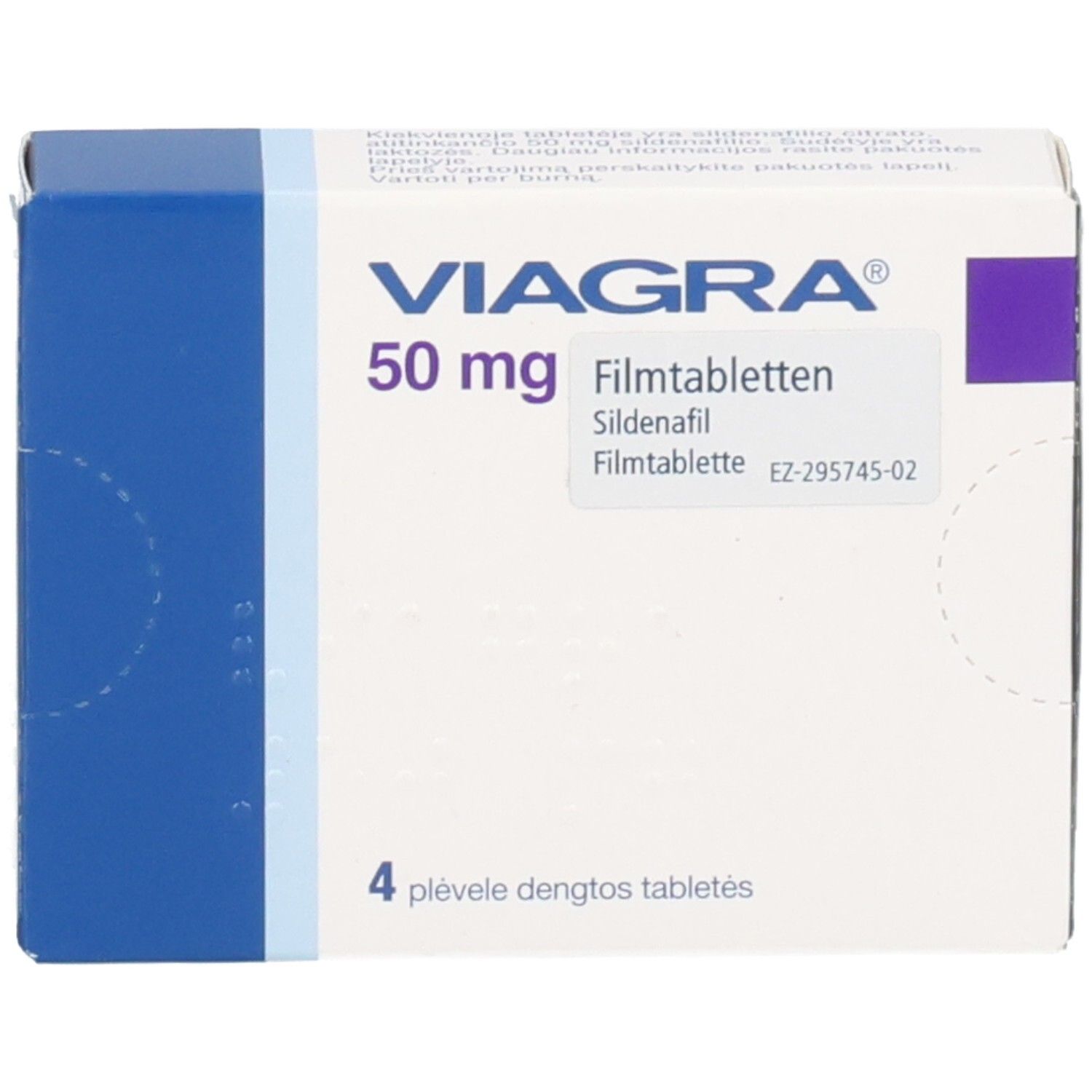 VIAGRA 50 mg Filmtabletten Schachtel, Vorderseite. Enthält 4 Filmtabletten Sildenafil.