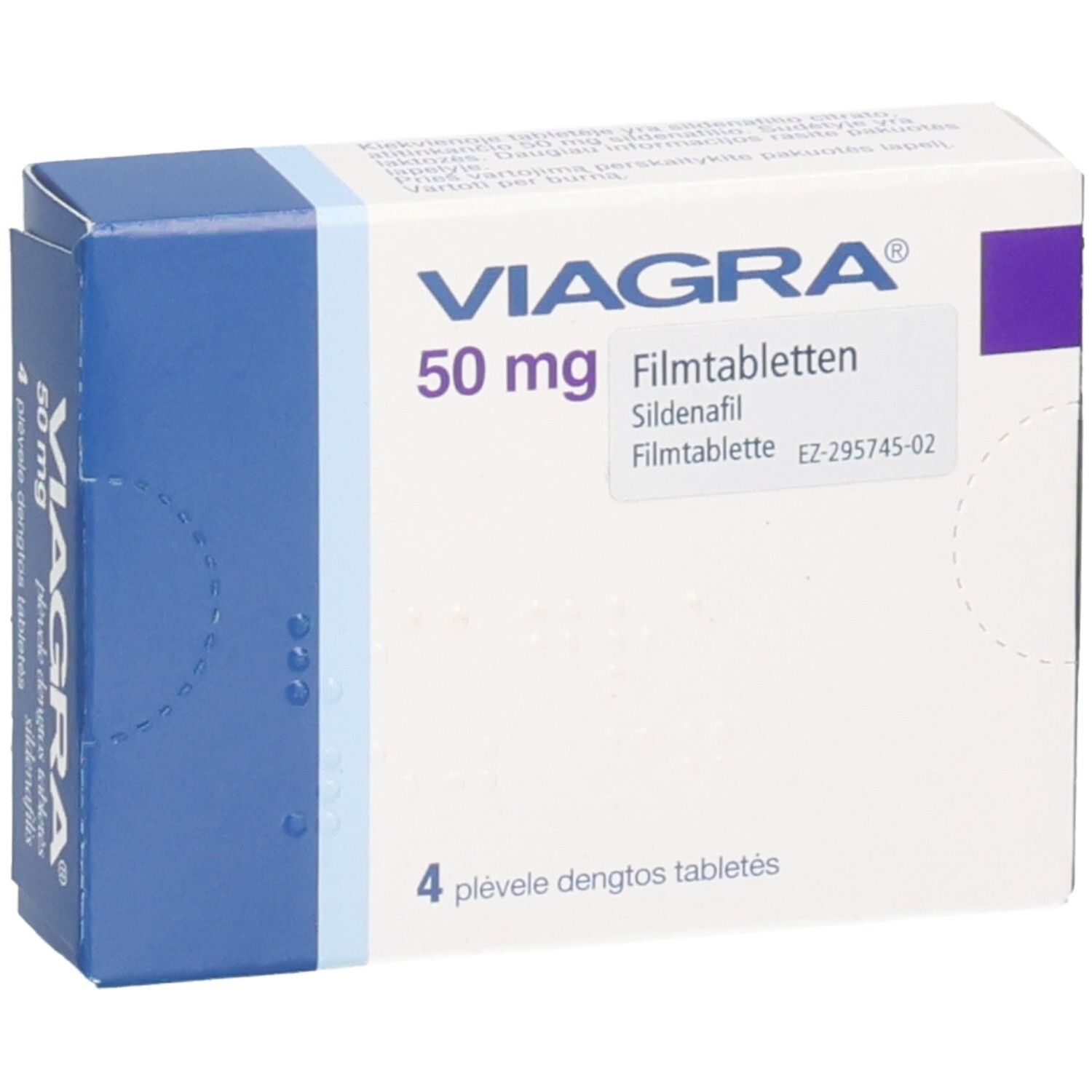 VIAGRA 50 mg Filmtabletten Schachtel, schräg von vorne rechts. Enthält 4 Filmtabletten Sildenafil.