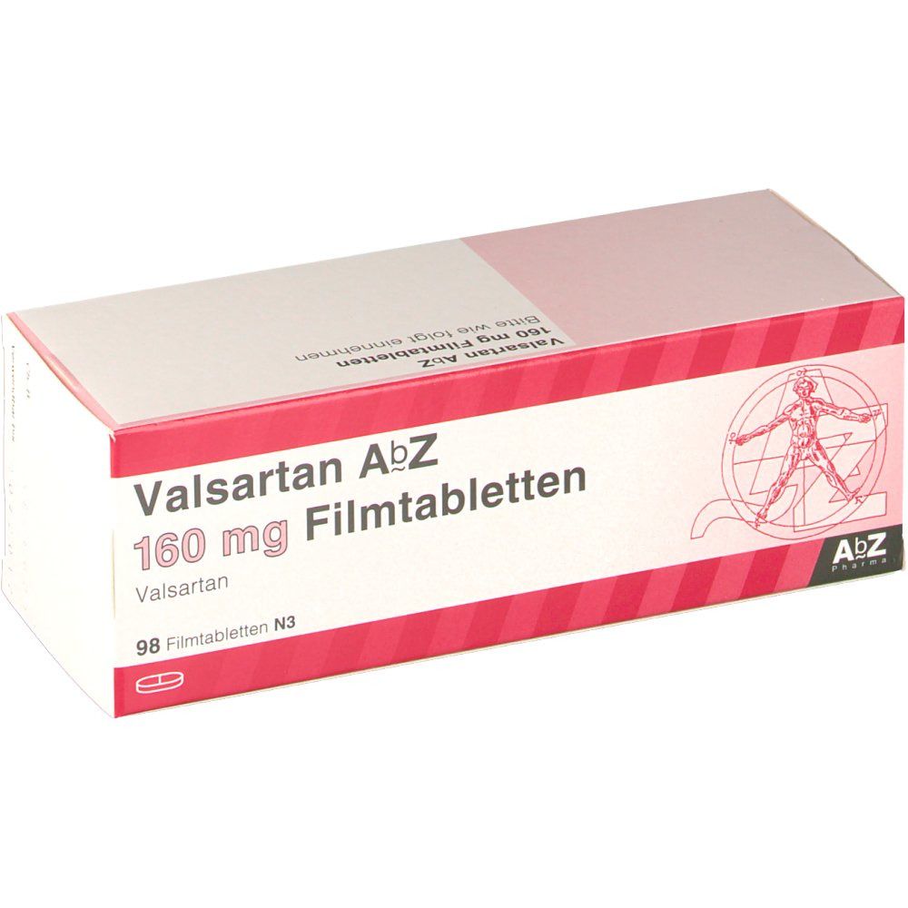 Schachtel mit Valsartan AbZ 160 mg Filmtabletten. Rote und weiße Verpackung mit Text und Logo. Enthält 98 Tabletten.