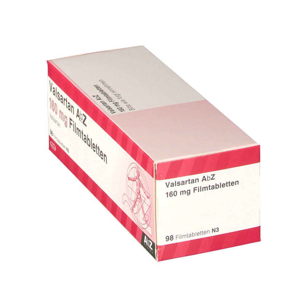 Schachtel mit Valsartan AbZ 160 mg Filmtabletten. Rote und weiße Verpackung mit Text und Logo. Enthält 98 Tabletten.