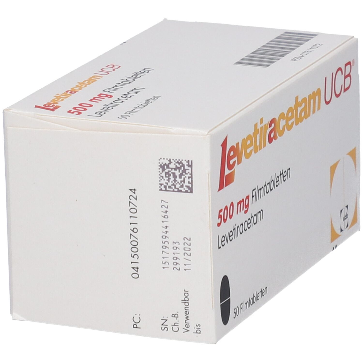Levetiracetam UCB 500 mg Filmtabletten Schachtel mit 50 Tabletten, Rückseite mit Chargennummer.