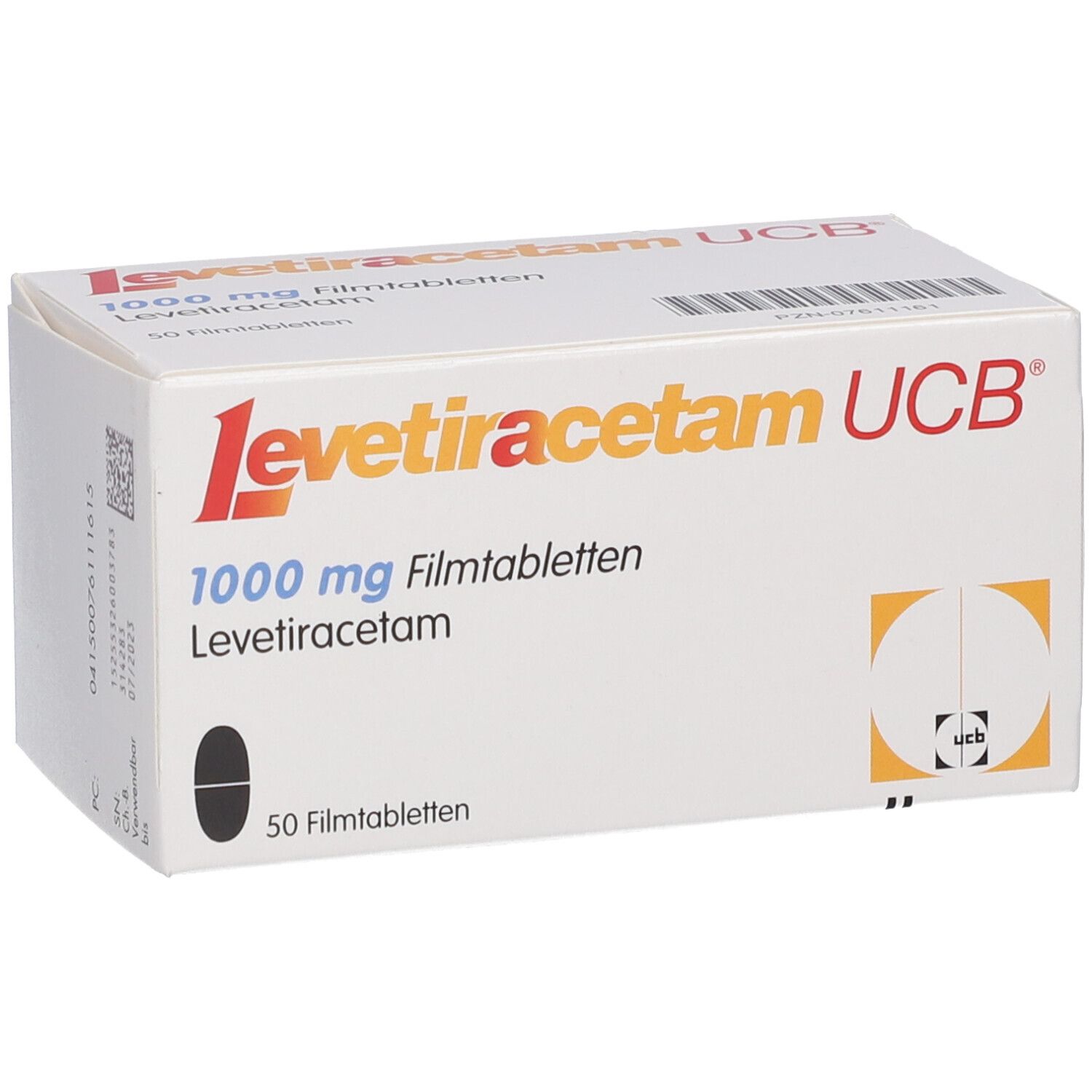 Verpackung von Levetiracetam UCB 1000 mg Filmtabletten, 50 Stück.