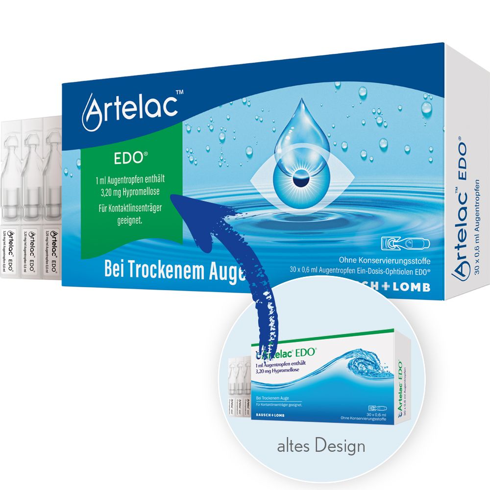 Artelac EDO Augentropfen-Packung. Blaue Schachtel mit Produktinformationen und Abbildung eines Auges. 30 Einzeldosen. Vergleich.