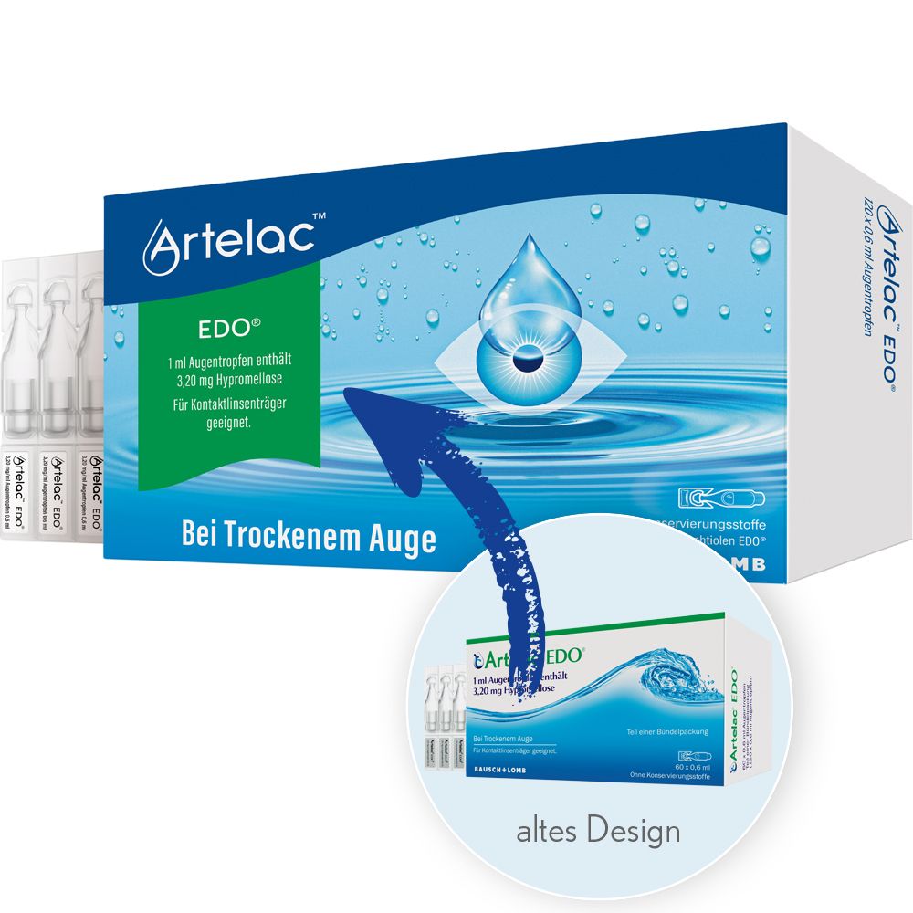 Artelac EDO Packung mit Vergleich zum alten Design. Blaue Verpackung mit Produktlogo und Inhaltsangaben.