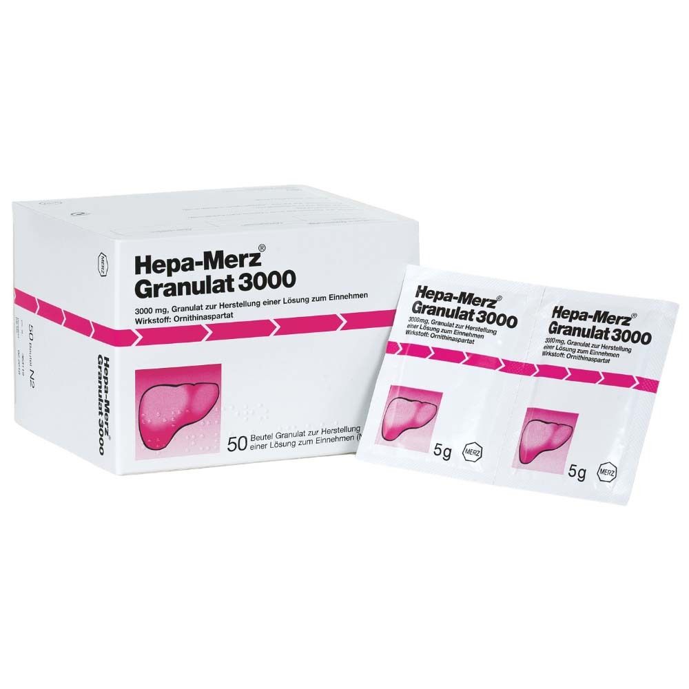 Hepa-Merz Granulat 3000 Packung mit zwei geöffneten Beuteln. Weiße Schachtel mit rosa Akzenten. Produktname und Logo sichtbar.