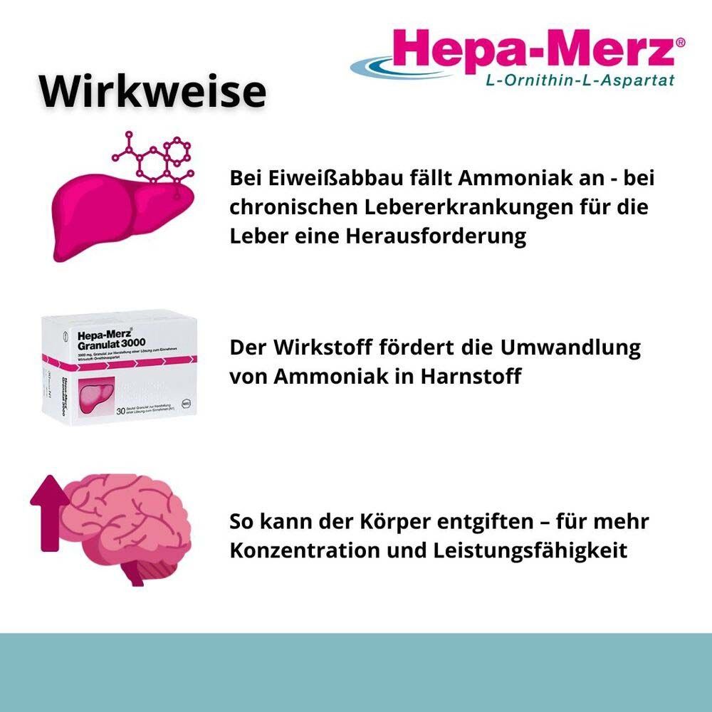 Infografik zur Wirkweise von Hepa-Merz. Leber, Granulat-Packung und Gehirn mit Pfeilen. Text in deutscher Sprache.