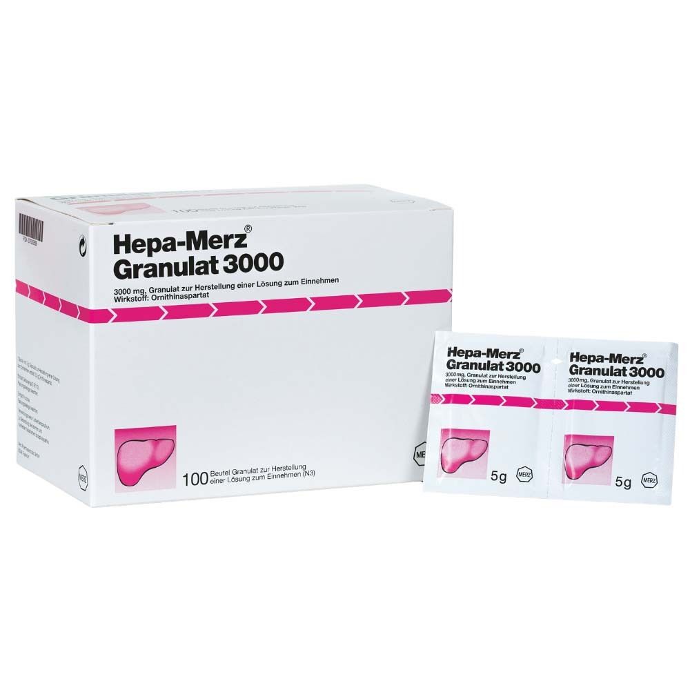 Weiße Schachtel und zwei Beutel Hepa-Merz Granulat 3000. Pinke Linie und Leber-Symbol. 100 Beutel.