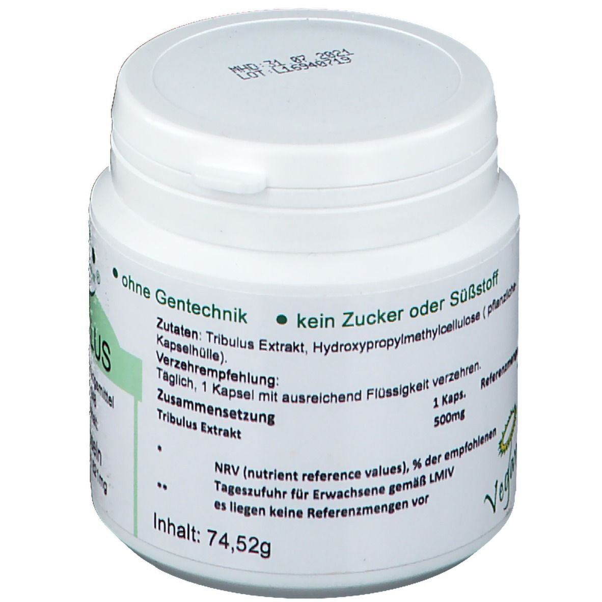 Weiße Dose mit grünem Etikett. Zutaten: Tribulus Extrakt, Hydroxypropylmethylcellulose. Ohne Zucker oder Süßstoff.