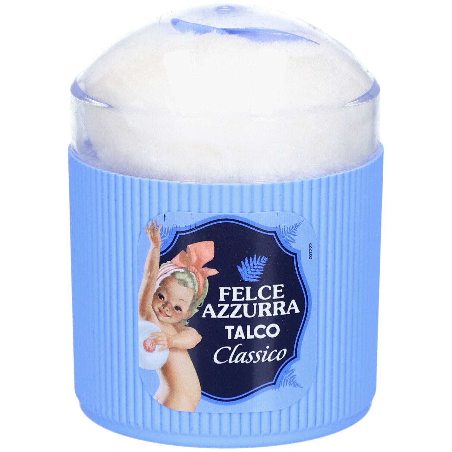 Hellblaues Talkumpuder-Behältnis mit weißem Puderquaste. Aufkleber mit Baby-Illustration und Schriftzug: Felce Azzurra Talco Classico.