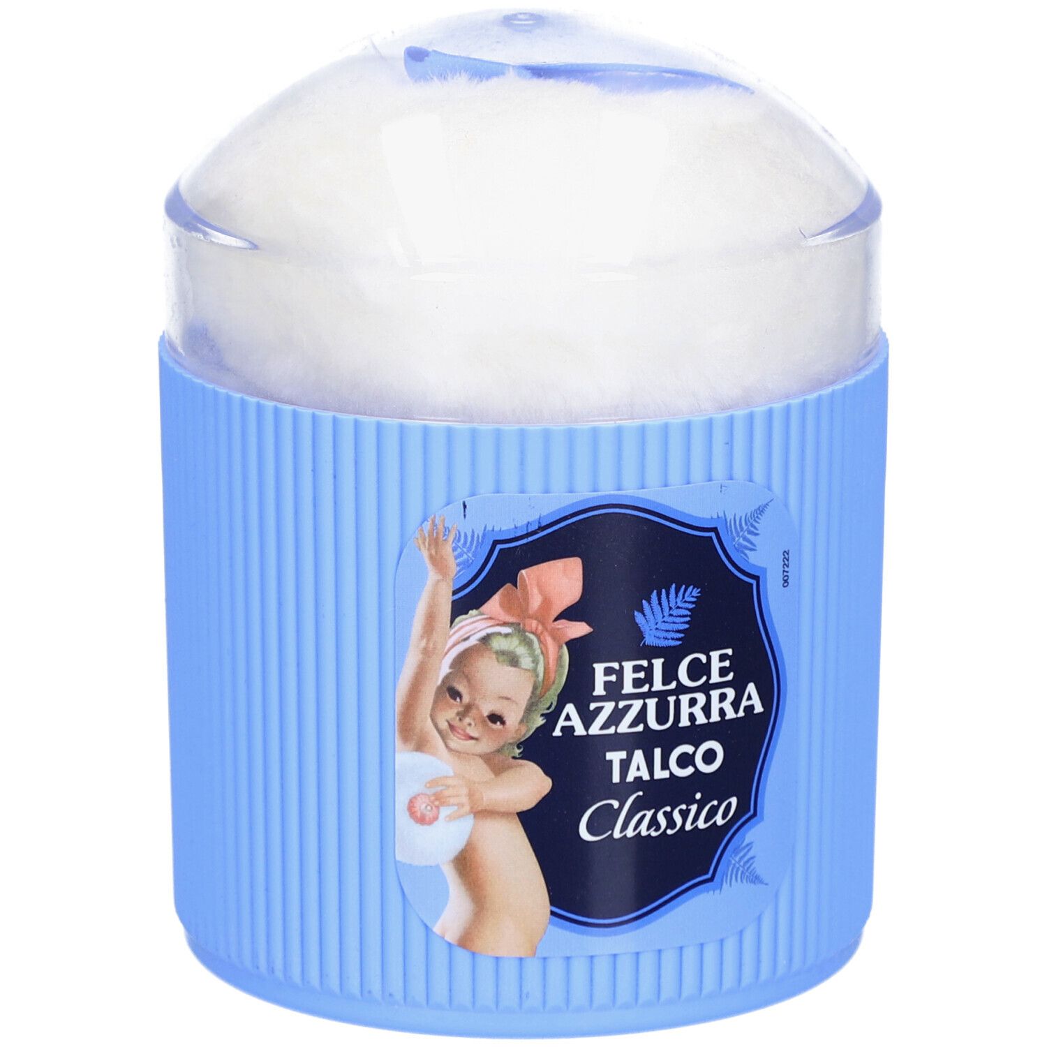Hellblaues Talkumpuder-Behältnis mit weißem Puderquaste. Aufkleber mit Baby-Illustration und Schriftzug: Felce Azzurra Talco Classico.