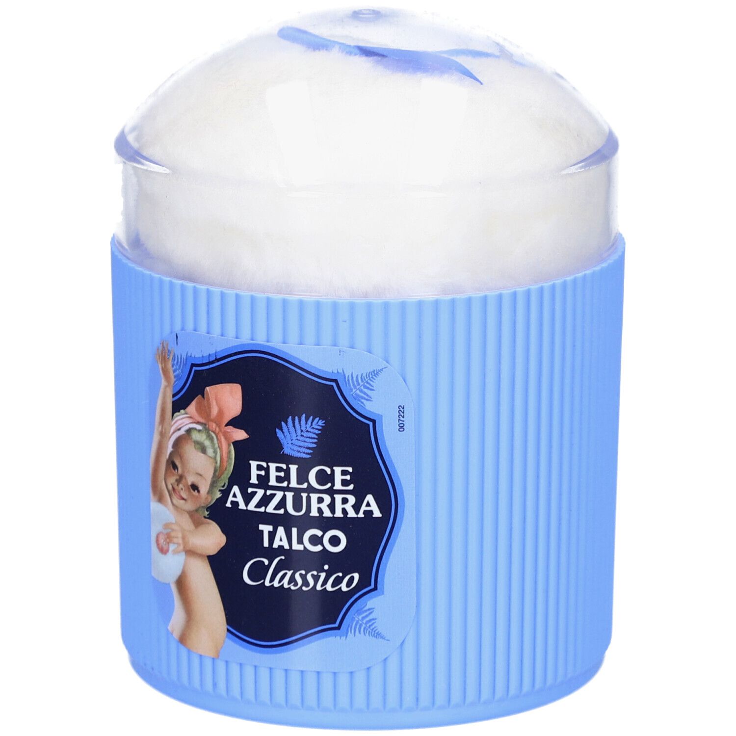 Hellblaues Talkumpuder-Behältnis mit weißem Puderquaste. Aufkleber mit Baby-Illustration und Schriftzug: Felce Azzurra Talco Classico.