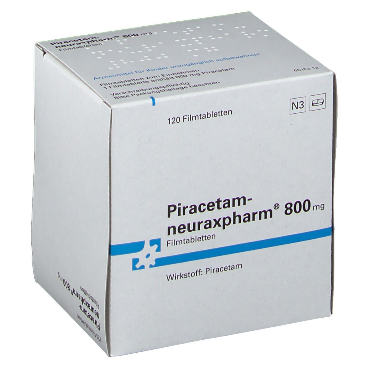 Karton von Piracetam-neuraxpharm 800mg Filmtabl. mit 120 Filmtabletten. Blaue Akzente und Produktinformationen.
