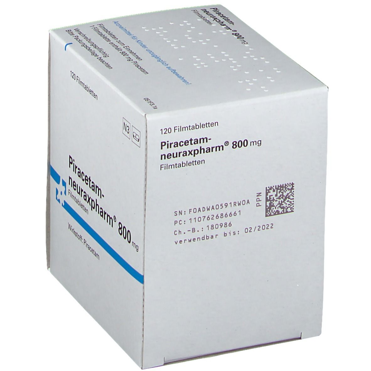 Karton von Piracetam-neuraxpharm 800mg Filmtabl. mit 120 Filmtabletten. Rückseite mit Chargennummer und Verfallsdatum.