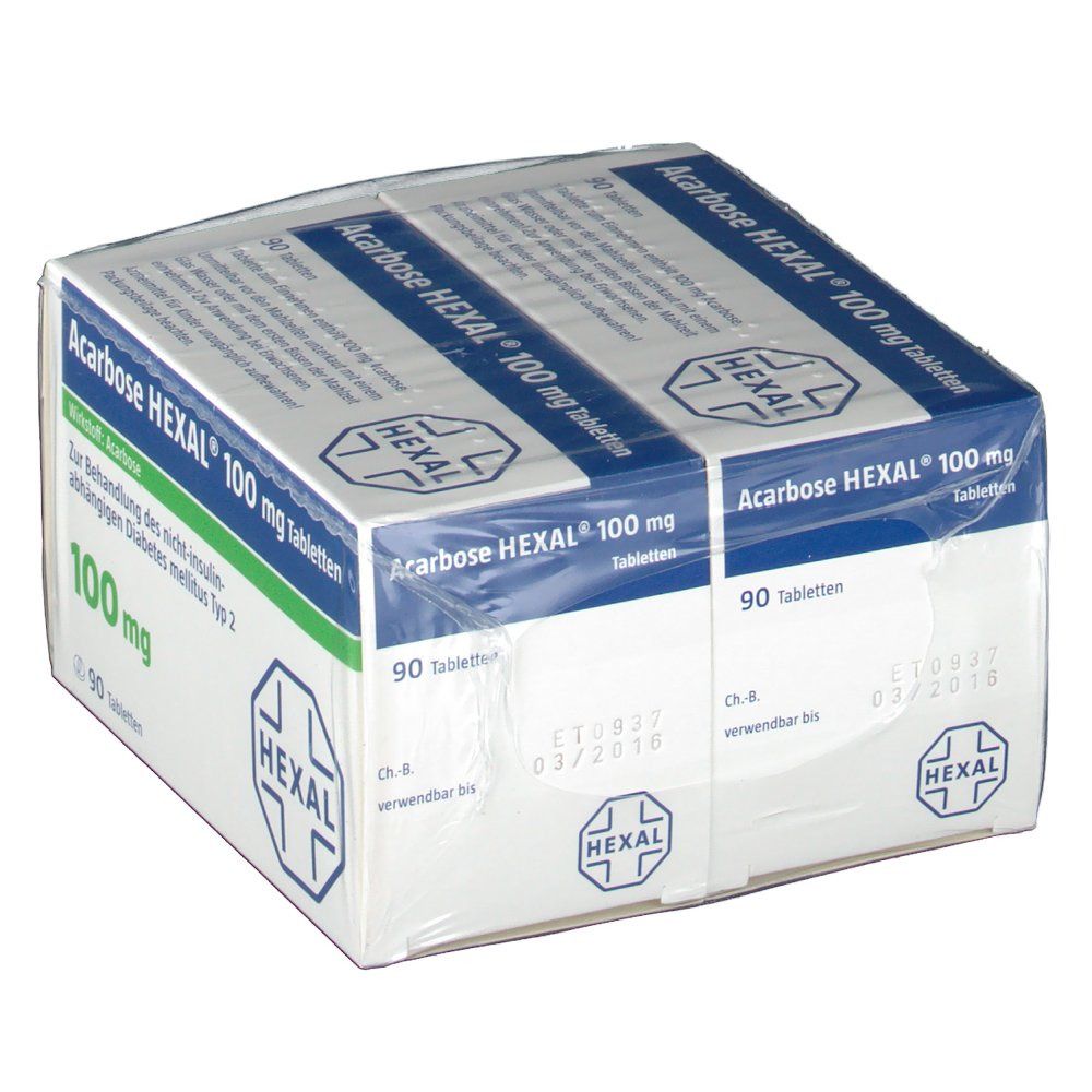 Zwei Packungen Acarbose HEXAL 100 mg Tabletten in Folie. Aufdrucke: Wirkstoff, Dosierung, HEXAL-Logo, 90 Tabletten.