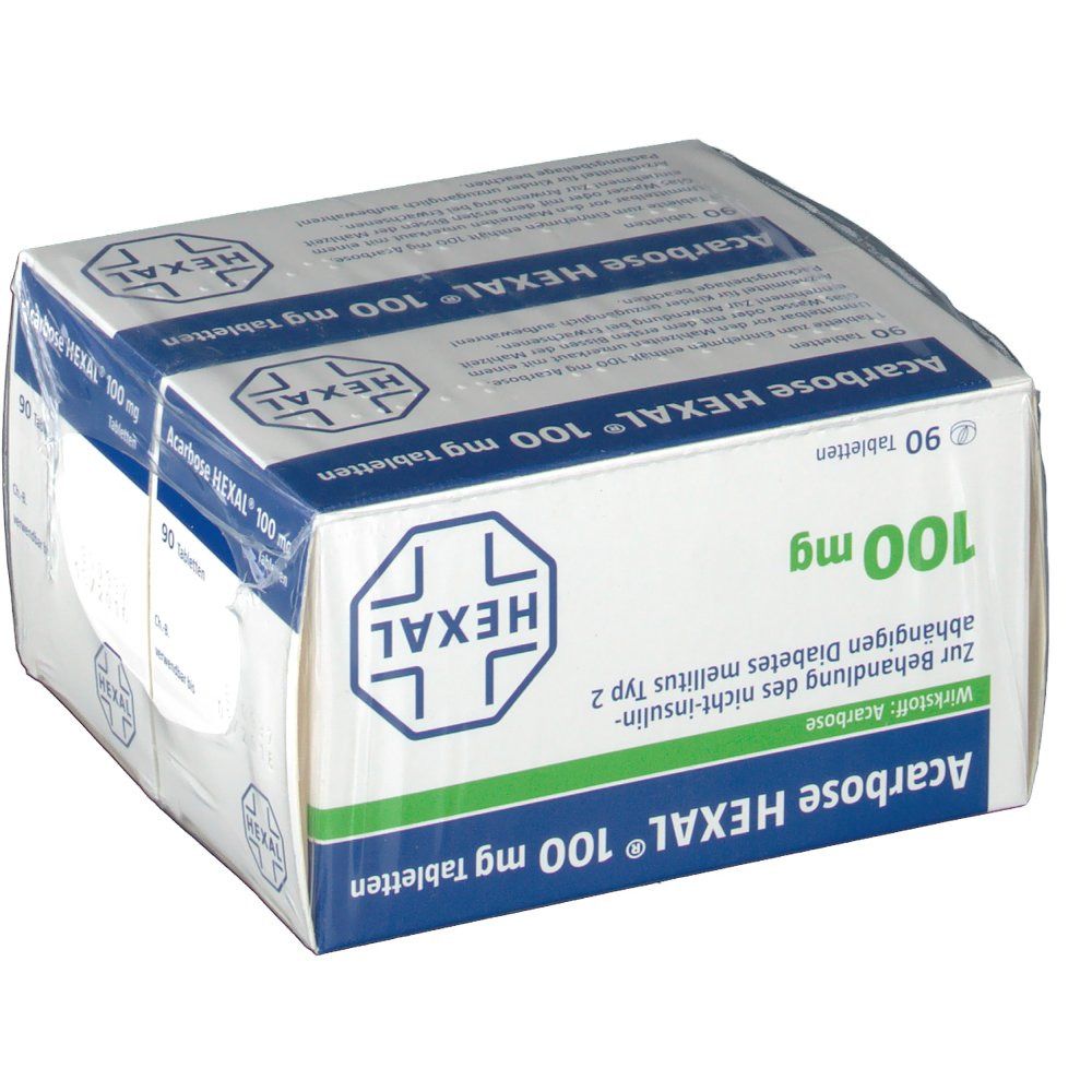 Zwei Packungen Acarbose HEXAL 100 mg Tabletten in Folie. Aufdrucke: Wirkstoff, Dosierung, HEXAL-Logo, 90 Tabletten.