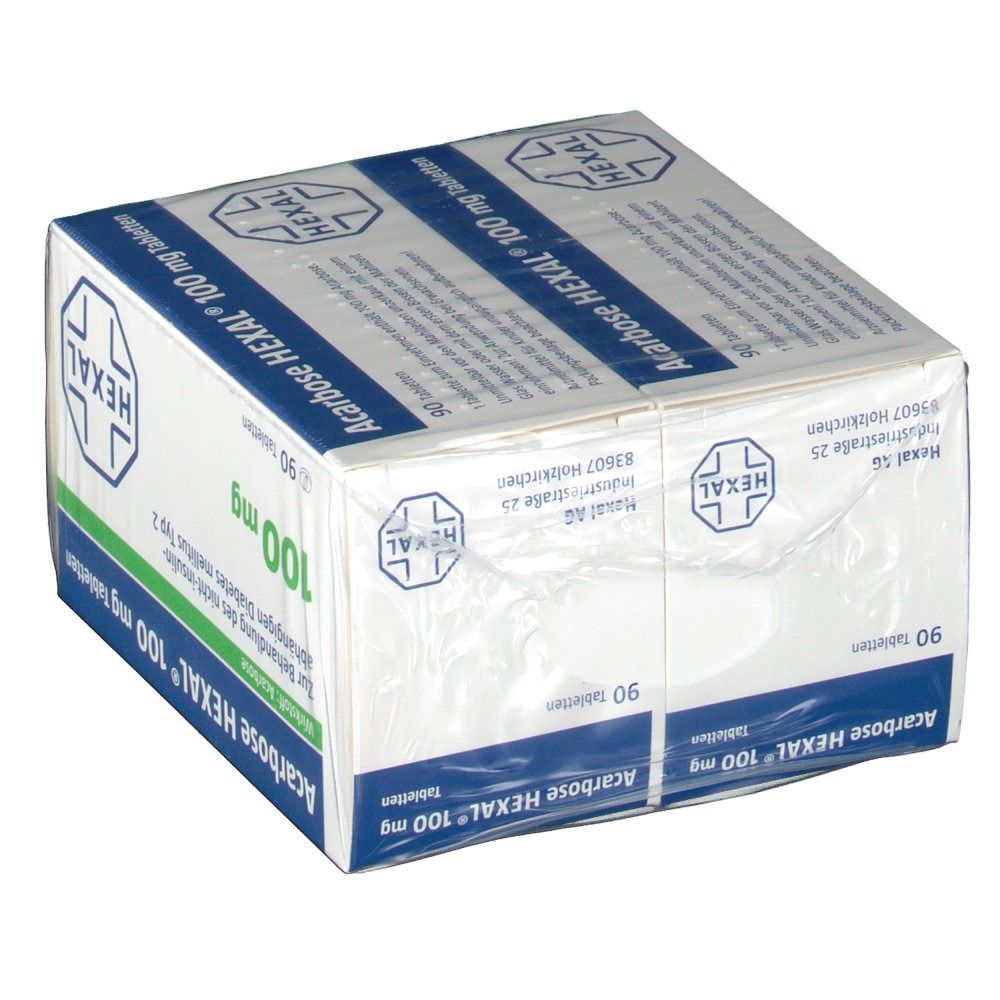 Packung Acarbose HEXAL 100 mg Tabletten. Aufdrucke: Wirkstoff, Dosierung, HEXAL-Logo, 90 Tabletten. Grüne und weiße Farbgebung.