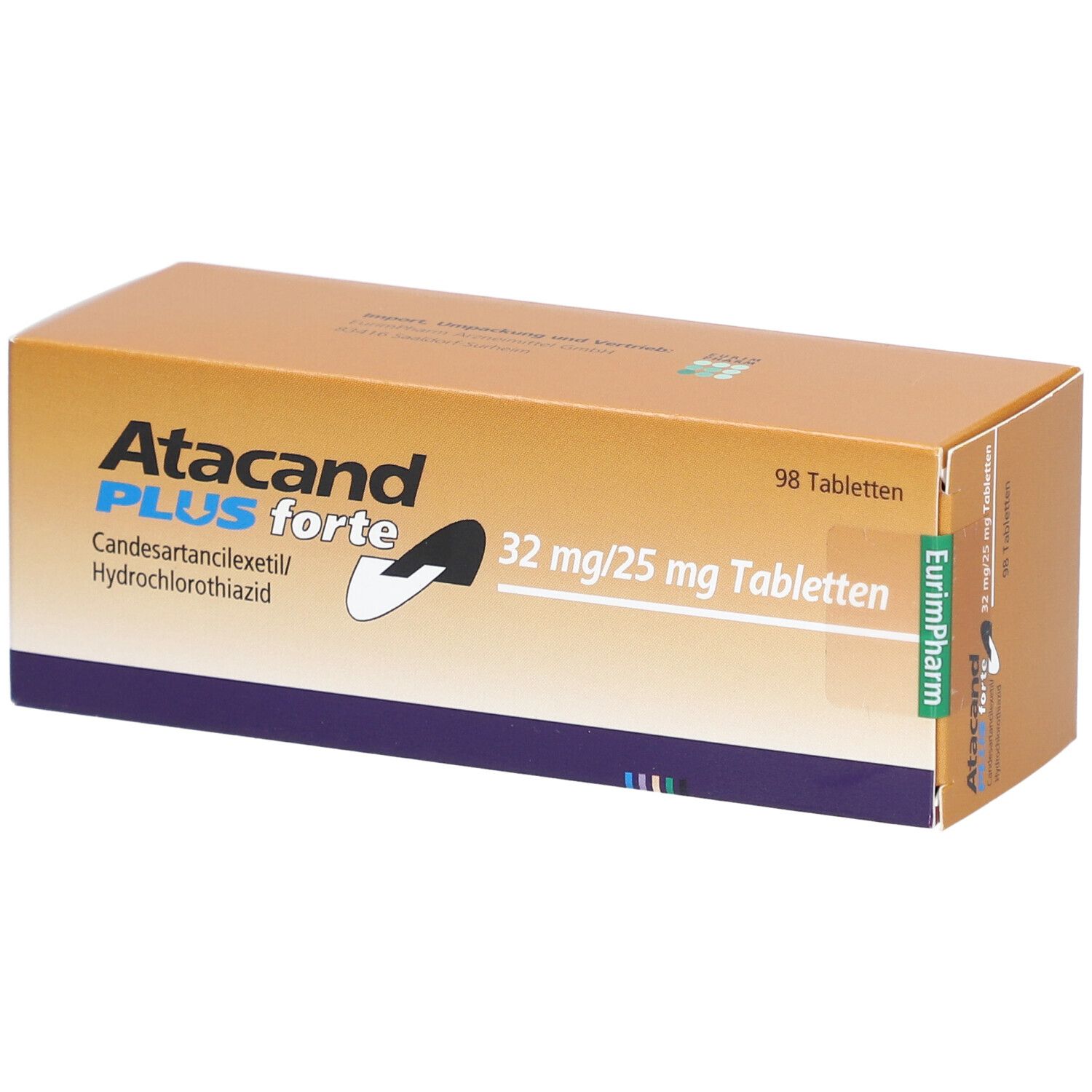 Schachtel Atacand Plus forte. Aufschrift: 32 mg/25 mg Tabletten, 98 Tabletten. Enthält Candesartancilexetil/Hydrochlorothiazid.