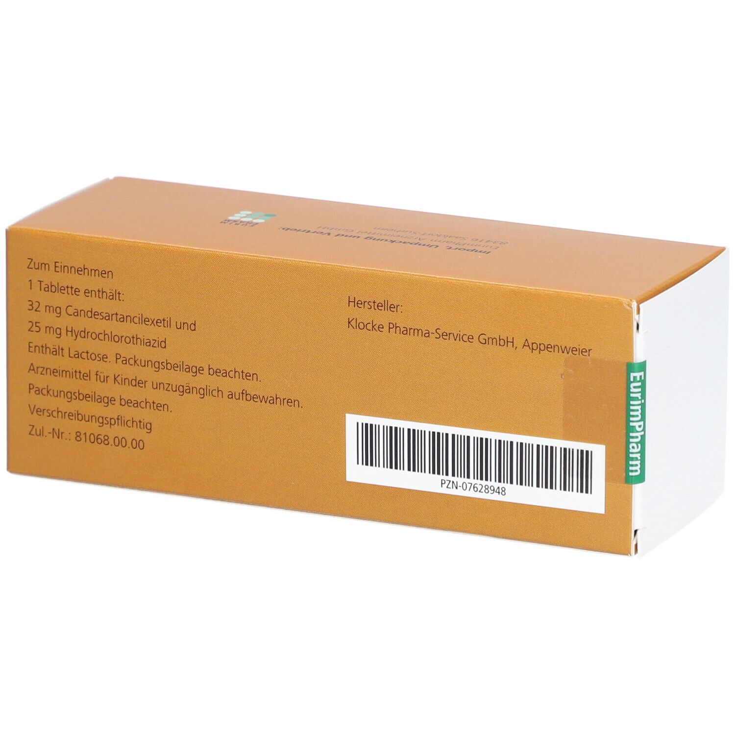 Rückseite der Schachtel Atacand Plus forte. Enthält Informationen wie: 1 Tablette enthält, Hersteller, Barcode, Zul.-Nr.