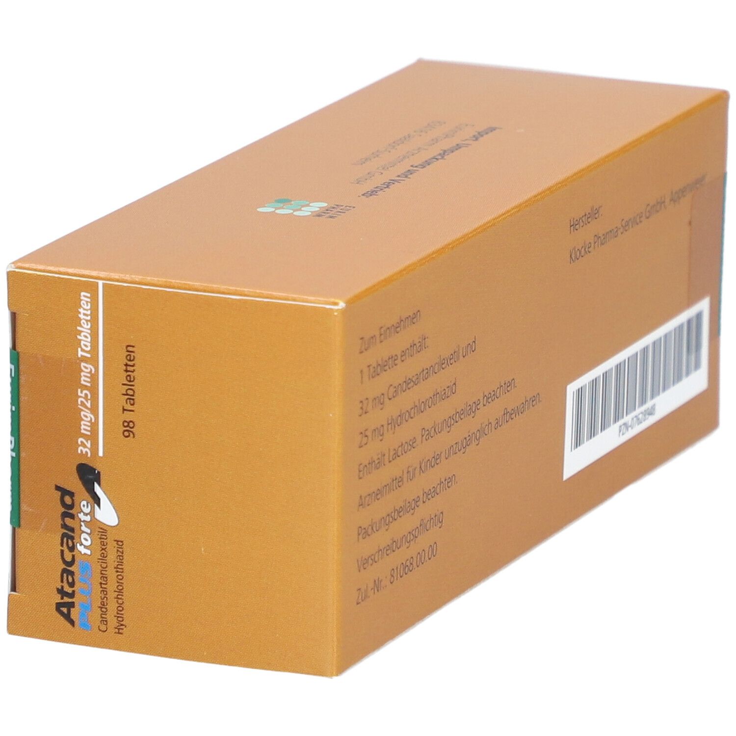 Schachtel Atacand Plus forte. Aufschrift: 32 mg/25 mg Tabletten, 98 Tabletten. Enthält Candesartancilexetil/Hydrochlorothiazid. Rückseite mit Text.
