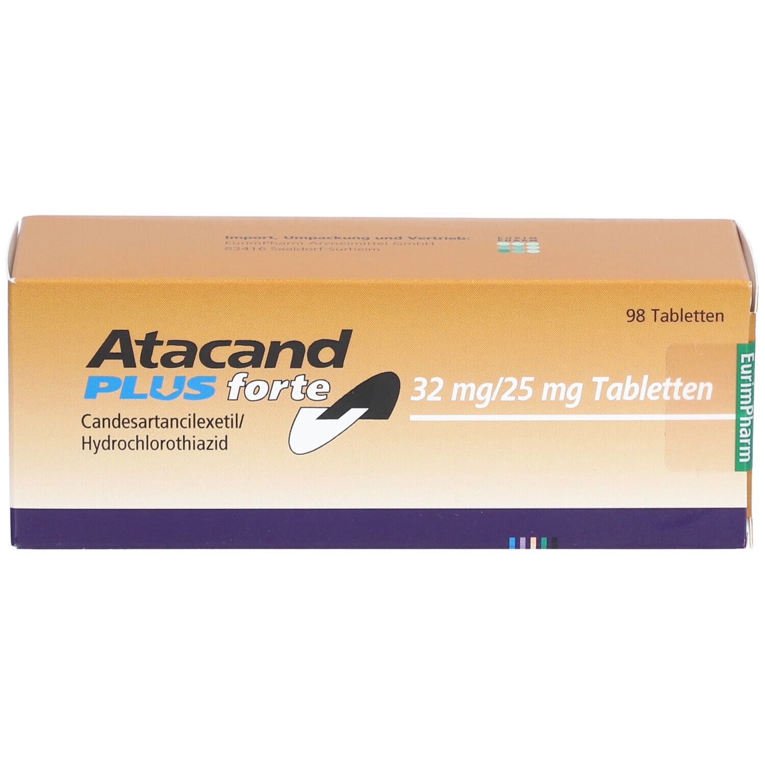 Schachtel Atacand Plus forte. Aufschrift: 32 mg/25 mg Tabletten, 98 Tabletten. Enthält Candesartancilexetil/Hydrochlorothiazid.