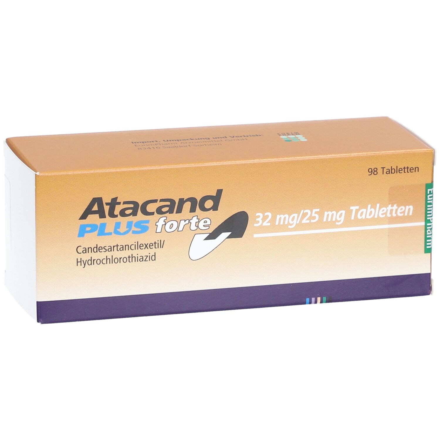 Schachtel Atacand Plus forte. Aufschrift: 32 mg/25 mg Tabletten, 98 Tabletten. Enthält Candesartancilexetil/Hydrochlorothiazid.