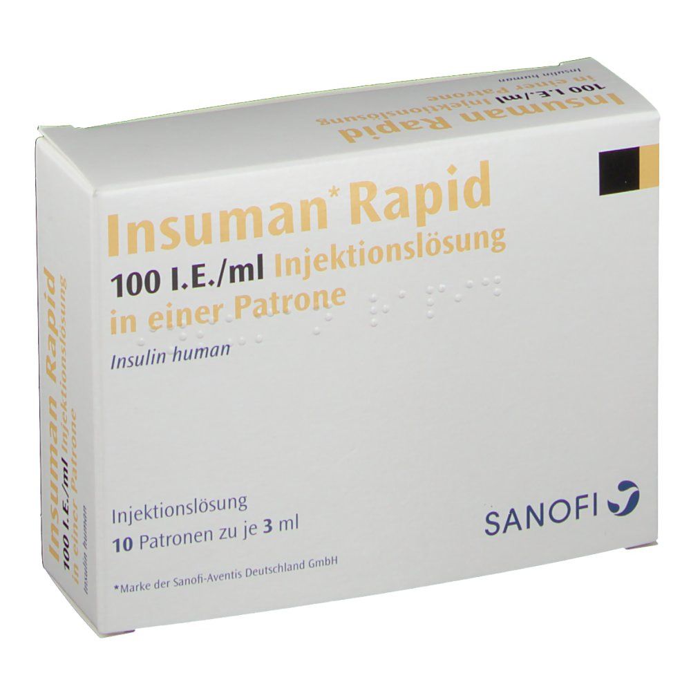 Weiße Verpackung mit Aufschrift Insuman Rapid 100 I.E./ml. Enthält 10 Patronen. Sanofi Logo.