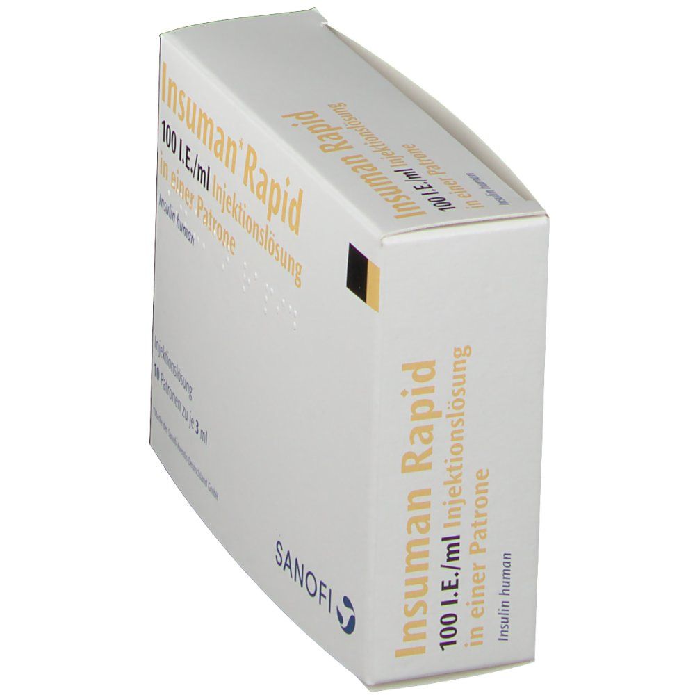 Schräg stehende weiße Verpackung mit Aufschrift Insuman Rapid 100 I.E./ml. Sanofi Logo.