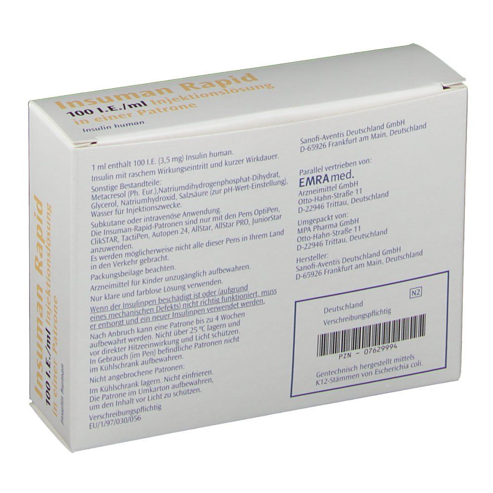Rückseite der weißen Verpackung mit Text. Enthält Informationen zu Insuman Rapid. EMRAd Logo.