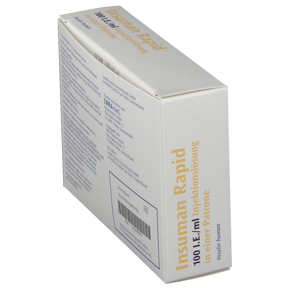 Schräg stehende weiße Verpackung mit Text. Aufschrift Insuman Rapid 100 I.E./ml. EMRAd Logo.