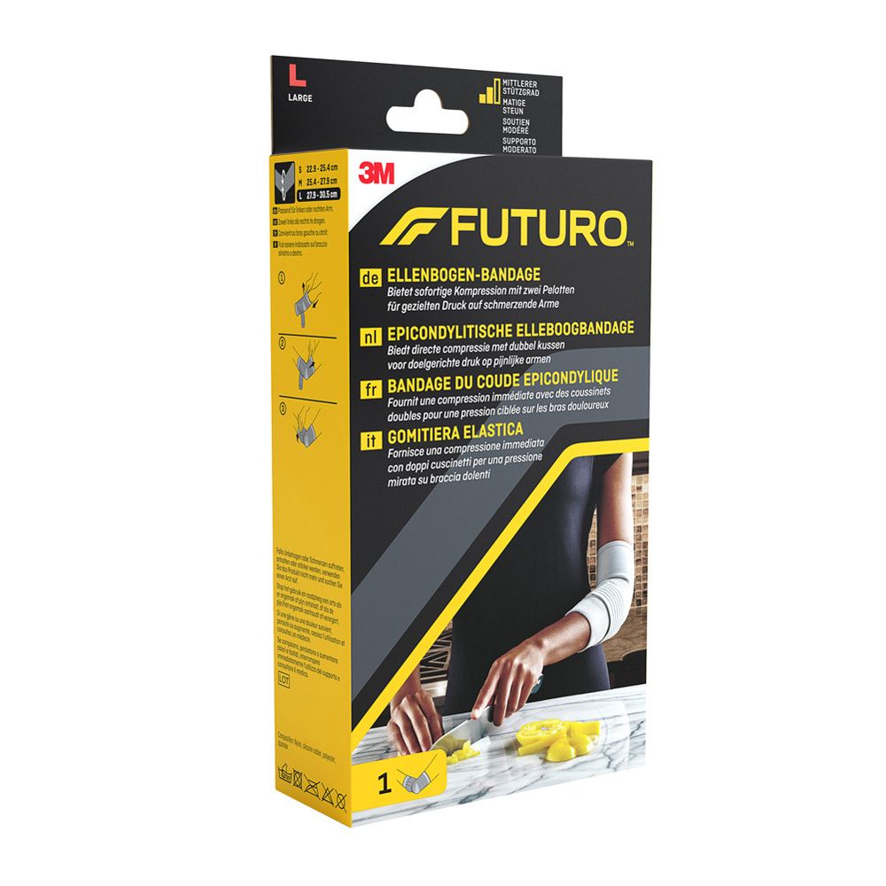 FUTURO™ Ellenbogen-Bandage L. Verpackung mit Produktabbildung und Anwendungsbeispielen. Größe L. 3M Logo.