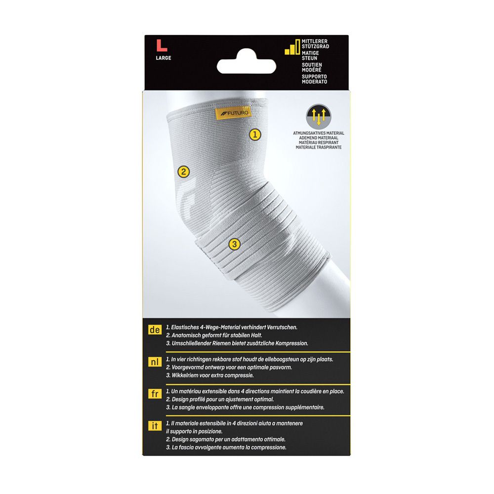 FUTURO™ Ellenbogen-Bandage L. Rückseite mit Produktmerkmalen und Größenangaben. Anatomisch geformt. Grau.