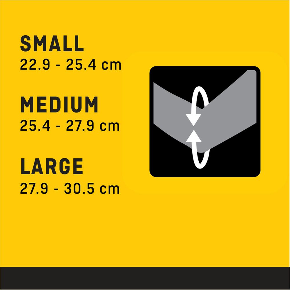 Größenangaben für FUTURO™ Bandagen. Small: 22.9-25.4 cm. Medium: 25.4-27.9 cm. Large: 27.9-30.5 cm.