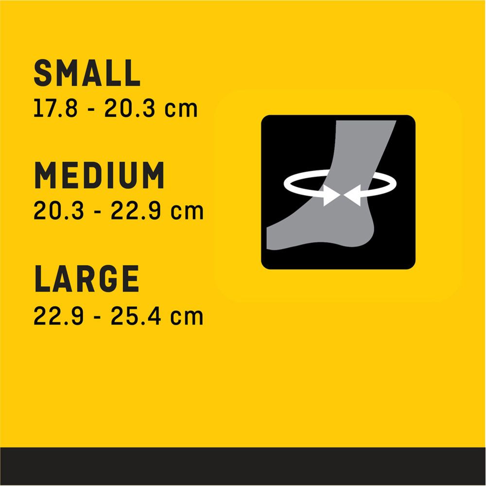 Größenangaben für FUTURO™ Sprunggelenk-Bandage: S (17.8-20.3 cm), M (20.3-22.9 cm), L (22.9-25.4 cm).