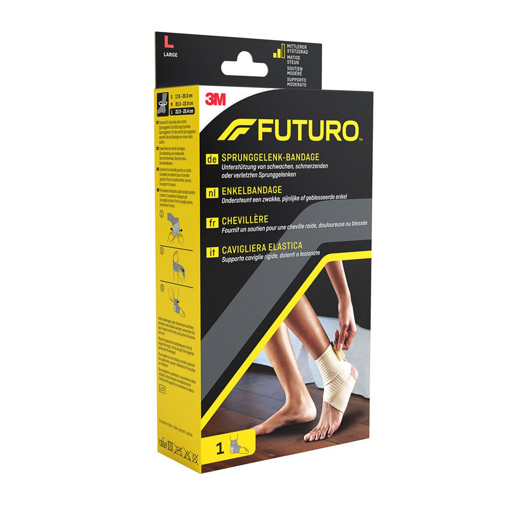 FUTURO Sprunggelenk-Bandage L. Verpackung zeigt Produkt und Anwendung. Größenangabe L. 3M Logo.