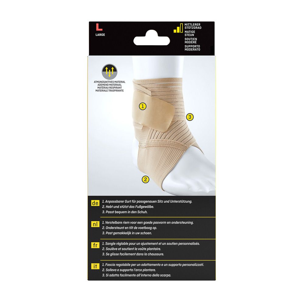 Rückseite der FUTURO Sprunggelenk-Bandage L Verpackung. Produktmerkmale in Deutsch, Niederländisch, Französisch, Italienisch.