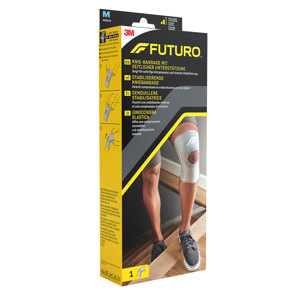FUTURO® Knie-Bandage, Verpackung. Produktabbildung und Gebrauchsanweisung. Größe M.