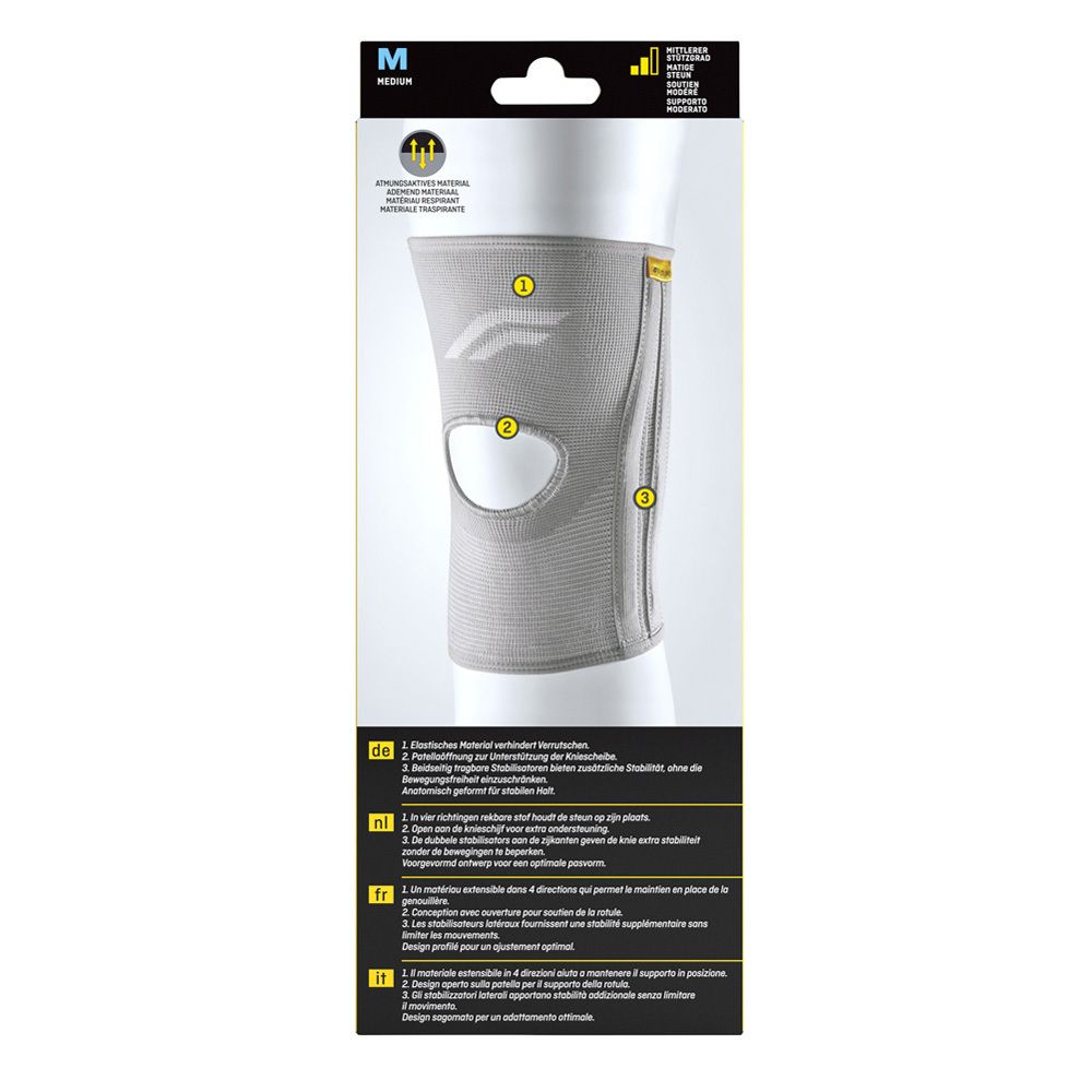 Rückseite der FUTURO® Knie-Bandage. Produktmerkmale in Deutsch, Französisch, Italienisch und Niederländisch.