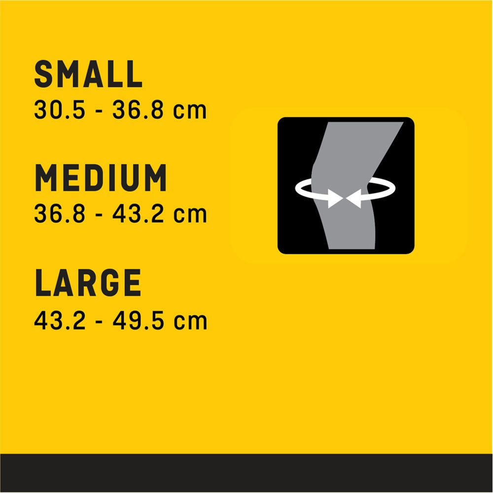 Größenangaben für FUTURO® Knie-Bandage: Small, Medium, Large. Diagramm mit Knieumfang.