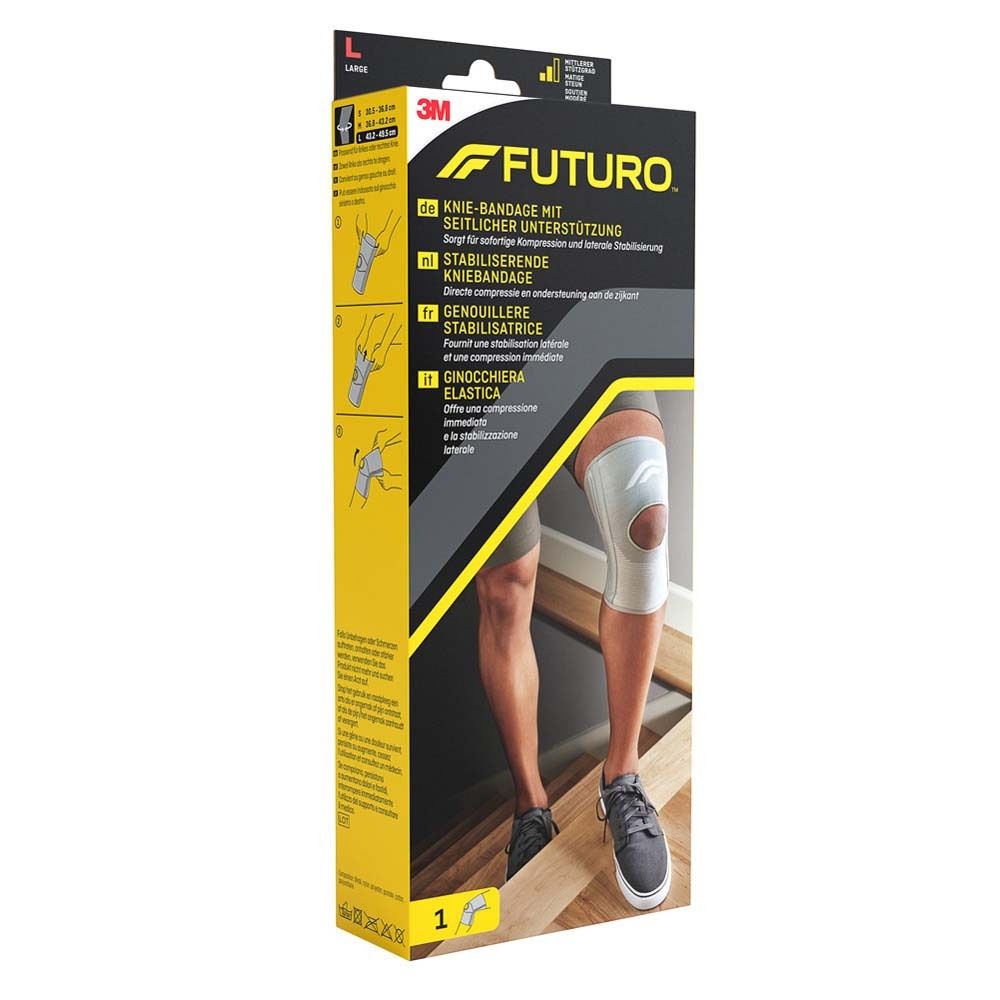 FUTURO™ Knie-Bandage mit seitlicher Unterstützung. Beige. Größe L. Verpackung zeigt Bein mit Bandage.