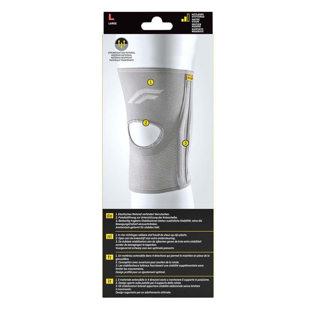 Rückseite der FUTURO™ Knie-Bandage. Graue Bandage mit Öffnung für die Kniescheibe. Text in Deutsch, Niederländisch, Französisch, Italienisch.