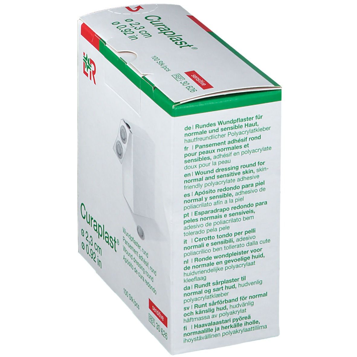 Verpackung von Curaplast® sensitiv. Text in Deutsch, Französisch, Italienisch, Englisch, Spanisch.