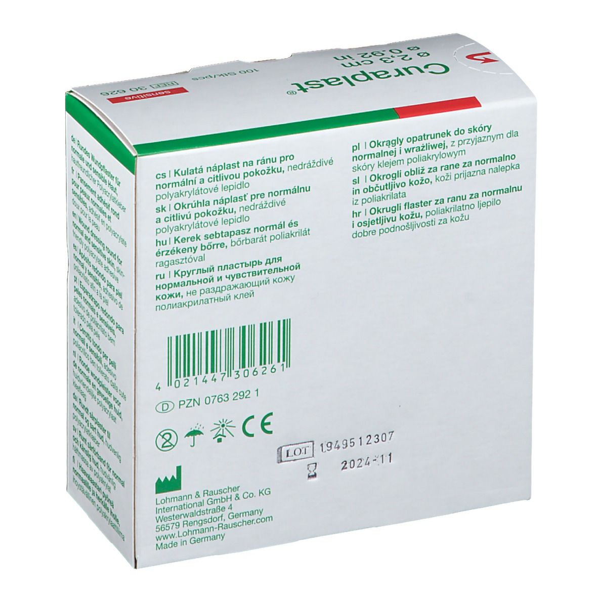 Rückseite der Curaplast® sensitiv Verpackung. Informationen und Symbole.