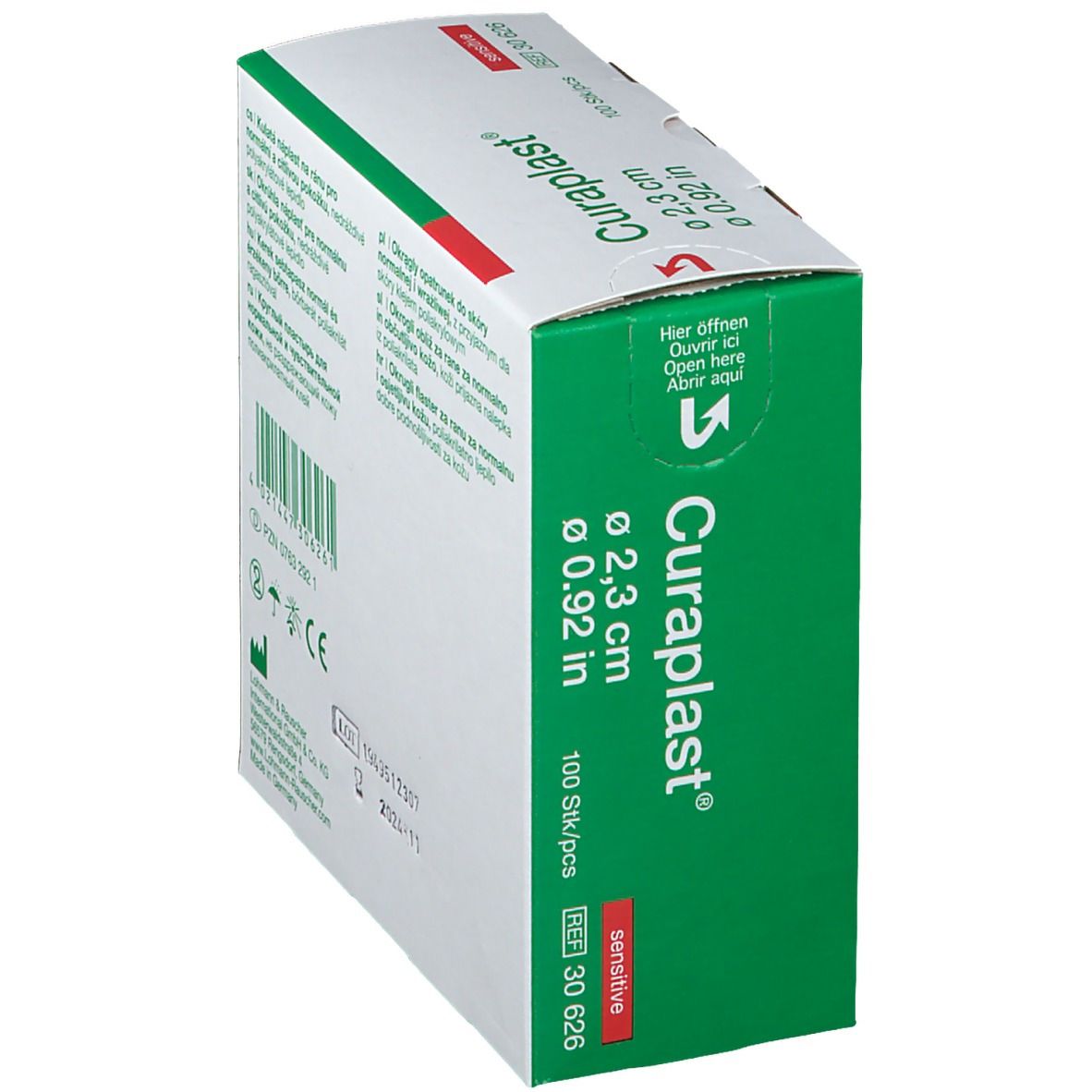 Verpackung von Curaplast® sensitiv. Grün und weiß. Produktinformationen.