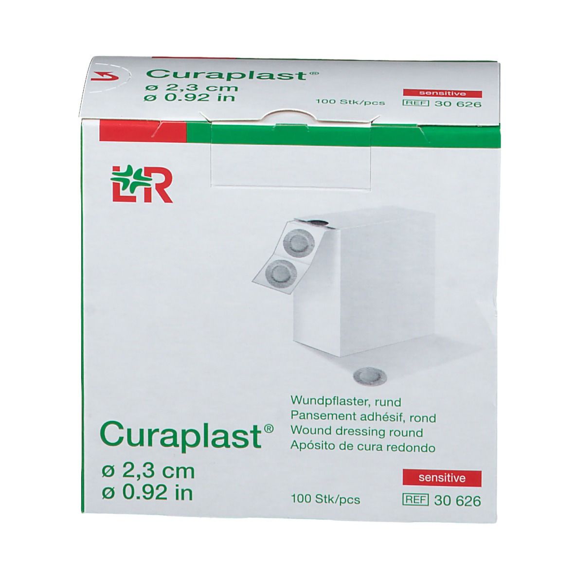 Verpackung von Curaplast® sensitiv. Rote und weiße Verpackung. Produktinformationen.