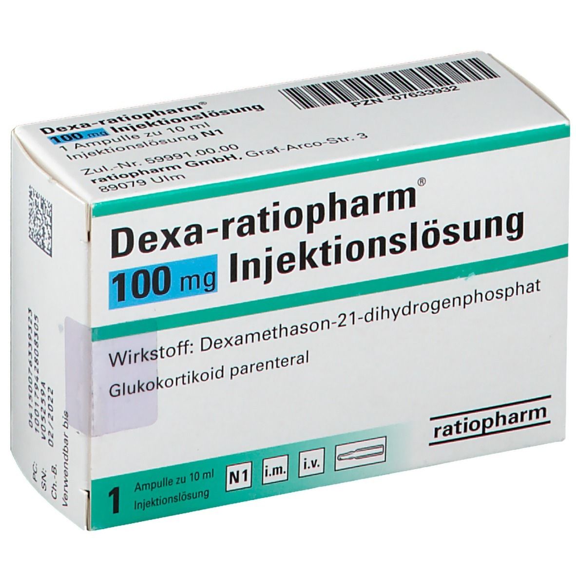 Schachtel mit Dexa-ratiopharm® Injektionslösung 100 mg. Aufschrift: Wirkstoff Dexamethason. Eine Ampulle.