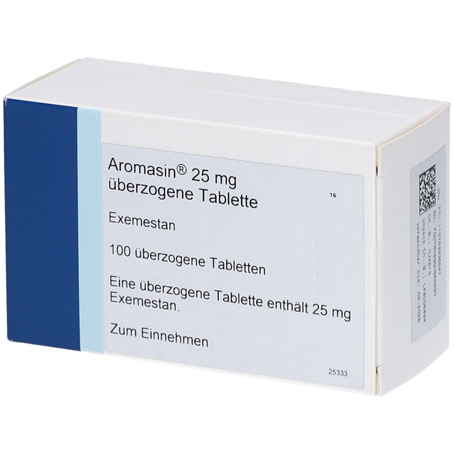 Aromasin 25 mg überzogene Tabletten. Weiße Schachtel mit blauer Seite. Text: Exemestan, 100 überzogene Tabletten.